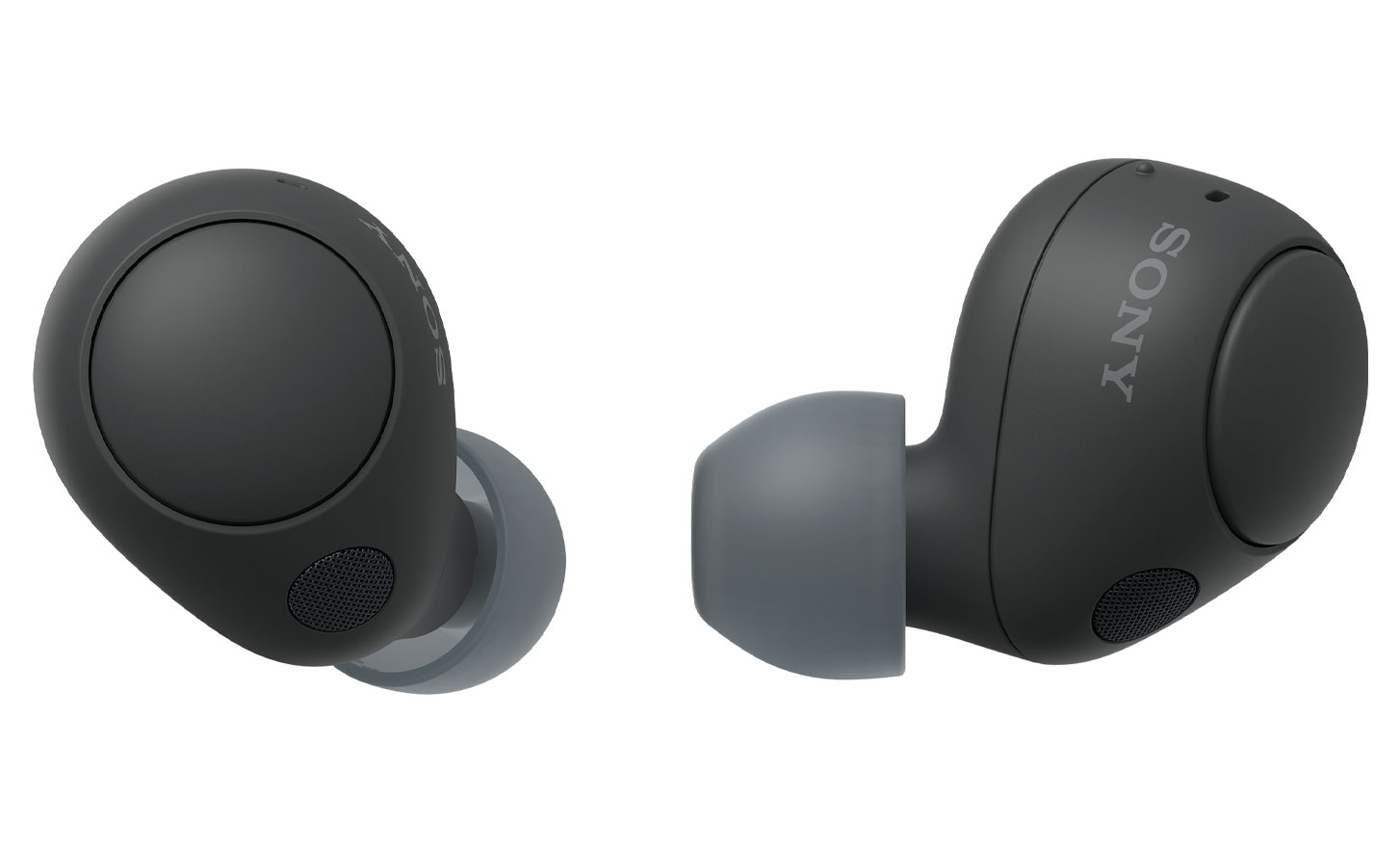 Close-up image of the black WF-C700N headphones. One ear bud is shot from behind and the other is shot from the side