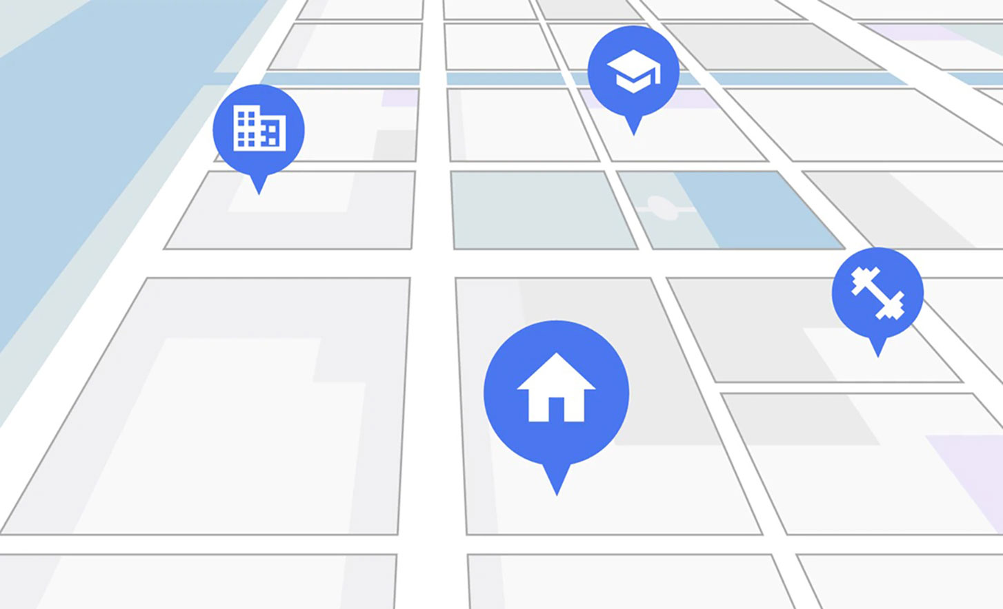 Image of a map with home, office, school and gym icons