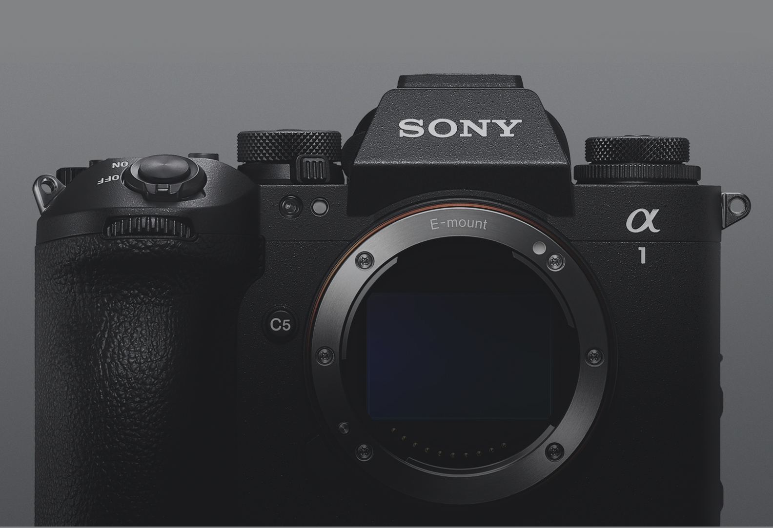 Front view of Sony Alpha 1 on grey background