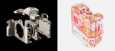 Exploded view and wireframe image of the camera’s interior parts