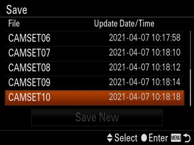 Camera menu for "Save", with the cursor on "CAMSET10"
