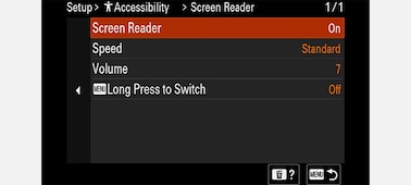 Image of the camera menu screen with an accessibility menu displayed and Screen Reader set to ON