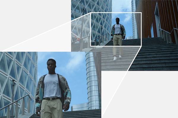 "Example cropped image of a man walking downstairs, next to the original full body portrait image
"