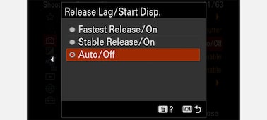 Product image showing "Release Lag/Start Disp." camera menu with "Auto/Off" selected