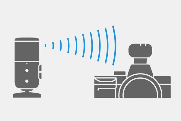 Illustration of radio transmission from the microphone to the receiver attached to the camera