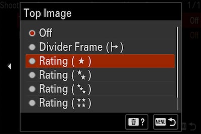 Product image showing “Top Image” camera menu with "Rating" selected