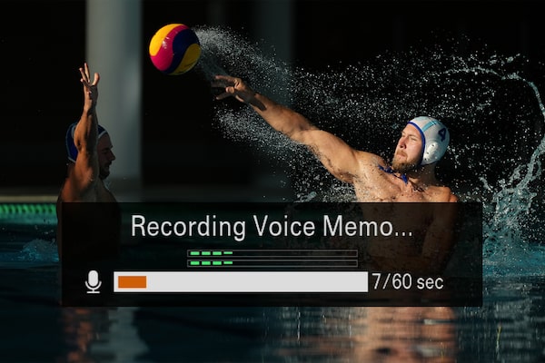 Example image of a man shooting ball in water polo game with "Recording Voice Memo" status bar displayed