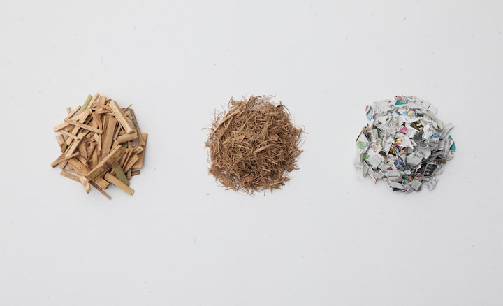 Image of the three main components of Sony’s Original Blended Material: bamboo, sugar cane, and recycled paper.