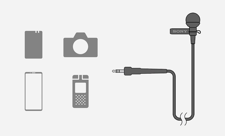 Illustration of the wide range of connectivity provided by the ECM-L1 microphone’s plug-in power compatibility, including camera, IC recorder, smartphone and wireless microphone