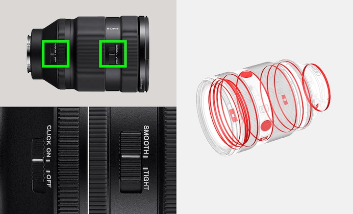 Top: product image showing overall and close-up right side views of the lens barrelBottom: illustration showing locations of dust and moisture resistant seals on the lens body