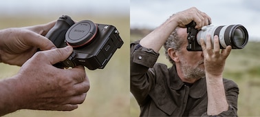 Usage images showing user attaching grip extension, and shooting hand-held with telephoto lens mounted