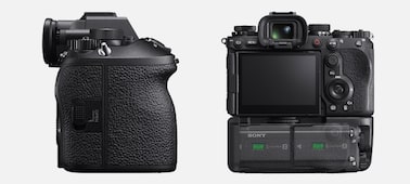 Product images of the camera from grip side and from rear with an attached VG-C5 vertical grip housing two batteries