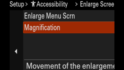 Image of camera display showing Enlarge Screen setting menu (Magnification ×1.5)