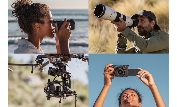 Photos of people holding cameras or drones with cameras mounted on them