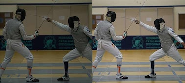 Two images of fencers fencing in an indoor setting