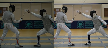 Images illustrating anti-flicker shooting, with fencers shot (left) without and (right) with anti-flicker shooting