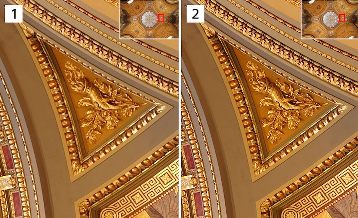 Two images of architectural details comparing a normal image and a composited image made with Pixel Shift Multi Shooting