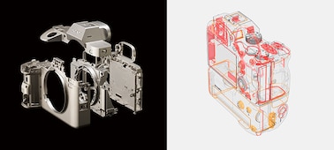 Left:Image showing exploded view of magnesium-alloy covers and internal frame Right: Diagram showing dust- and moisture-resistant construction