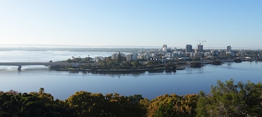 Landscape photograph of a city and lake