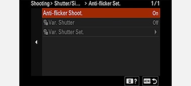 Product image showing the anti-flicker shooting menu on the LCD display